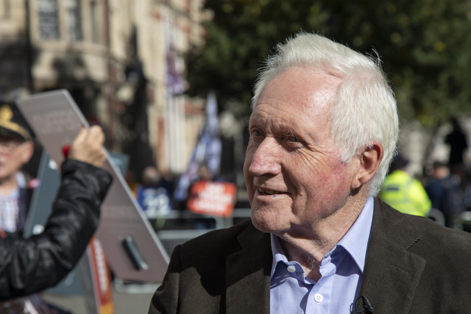 Television presenter and broadcaster David Dimbleby speaks to pro-remain protesters outside The Supreme Court as the first day of the hearing to rule on the legality of suspending or proroguing Parliament begins on September 17th 2019 in London, United Kingdom. The ruling will be made by 11 judges in the coming days to determine if the action of Prime Minister Boris Johnson to suspend parliament and his advice to do so given to the Queen was unlawful. David Dimbleby is a British journalist and former presenter of current affairs and political programmes, now best known for the BBC's long-running topical debate programme Question Time. (photo by Mike Kemp/In Pictures via Getty Images)
