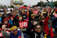 Protesters shout during a rally against the overhaul of the military and civil service pension fund, outside the Presidential Office in Taipei,Taiwan January 22, 2017. REUTERS/Tyrone Siu