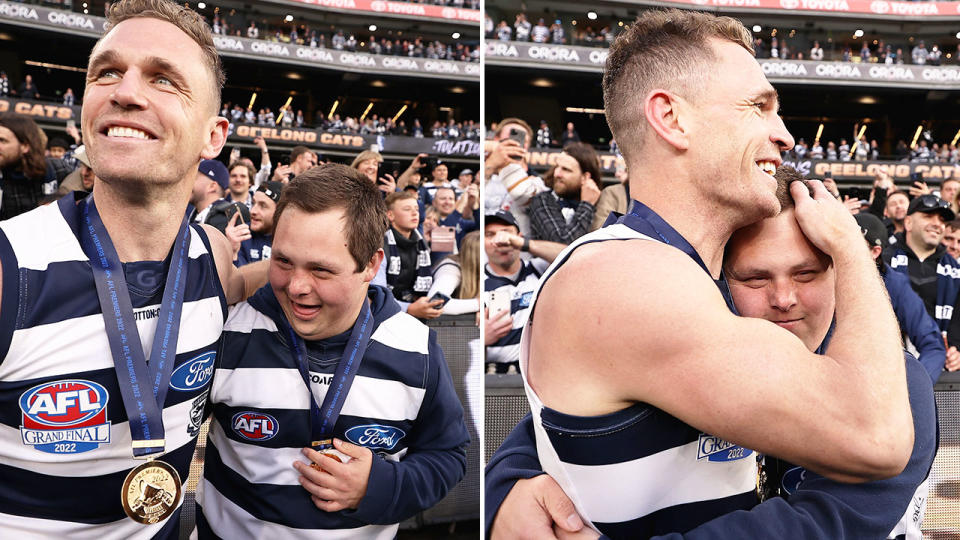 Pictured here, Geelong captain Joel Selwood celebrates his grand final win with Cats super-fan Sam Moorfoot.