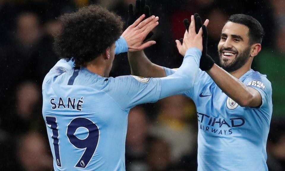 Another match, another win. Leroy Sane celebrates scoring at Watford this week.