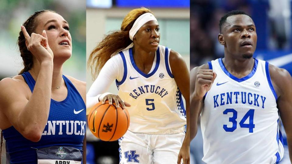 Left to right: 2022 Lexington Herald-Leader Kentucky Sports Figure of the Year finalists Abby Steiner, Rhyne Howard and Oscar Tshiebwe