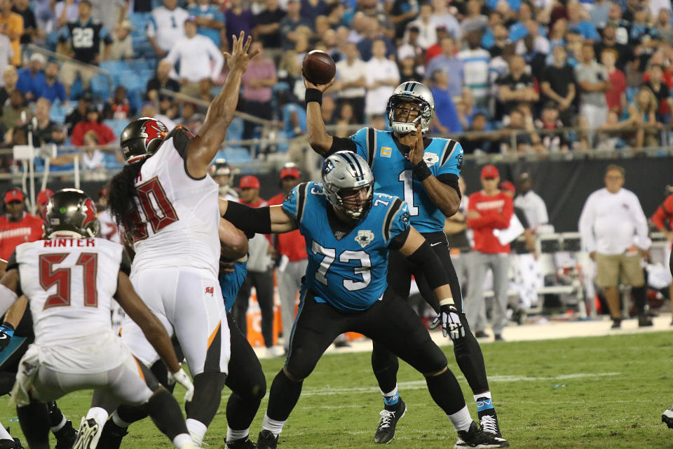 CHARLOTTE, NC - SEPTEMBER 12: Cam Newton (1) quarterback of Carolina during a NFL football game between the Tampa Bay Buccaneers and the Carolina Panthers on September 12, 2019, at Bank of America Stadium in Charlotte, N.C. (Photo by John Byrum/Icon Sportswire via Getty Images)