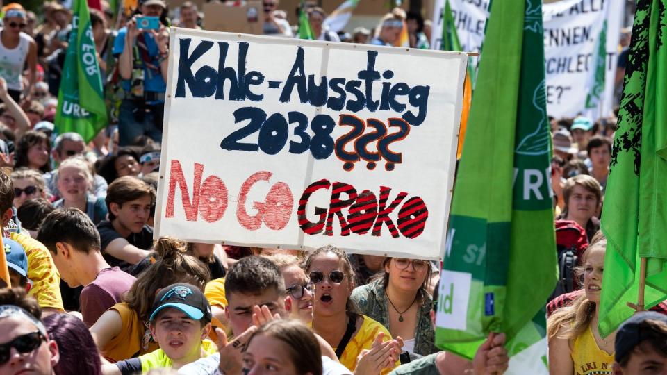 «Kohle Ausstieg 2038??? No Go Kroko»: Demonstranten im nordrhein-westfälischen Jüchen. Foto: Federico Gambarini