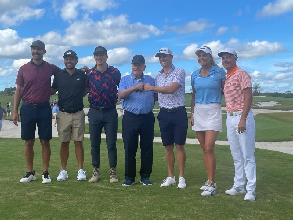 The golfers who competed in Friday's Pro Exhibition Match at Panther National (left to right) were Erik van Rooyen, Xander Schauffele, Morgan Hoffmann, Jack Nicklaus (teed off, did not compete), Justin Thompson, Lexi Thompson and Rickie Fowler