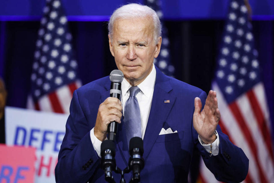 WASHINGTON, DC - OCTOBER 18: U.S. President Joe Biden speaks at a Democratic National Committee event at the Howard Theatre on October 18, 2022 in Washington, DC. With three weeks until election day, in his remarks Biden highlighted issues pertaining to women’s reproductive health and promised to codify access to abortion.   Anna Moneymaker/Getty Images/AFP (Photo by Anna Moneymaker / GETTY IMAGES NORTH AMERICA / Getty Images via AFP)