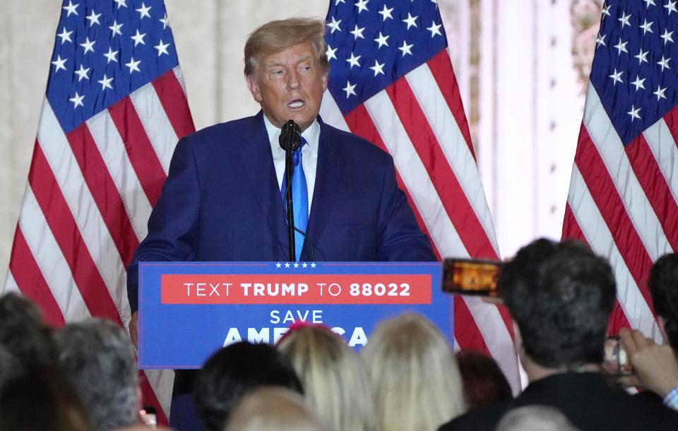 Former president Donald Trump addresses the media and supporters at Mar-a-Lago in Palm Beach, Fla., on Nov. 8, 2022.