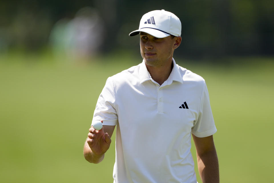 Ludvig Aberg, of Sweden, waves after making a putt on the sixth hole during the second round of the RBC Heritage golf tournament, Friday, April 19, 2024, in Hilton Head Island, S.C. (AP Photo/Chris Carlson)