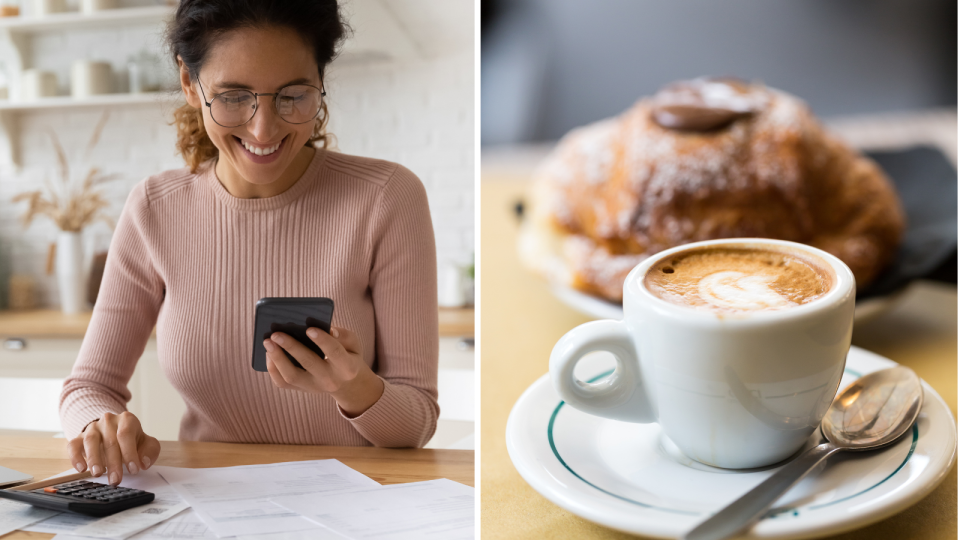 Composite image of a woman smiling while preparing a budget, alongside a coffee and croissant.