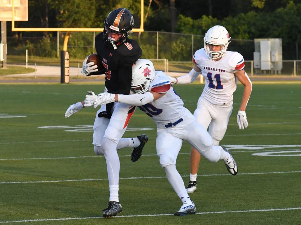 Jalen Lueth had nine catches for 240 yards and three touchdowns to help Ames down Marshalltown, 33-17, during Week 1 of Iowa High School football Friday at Ames.