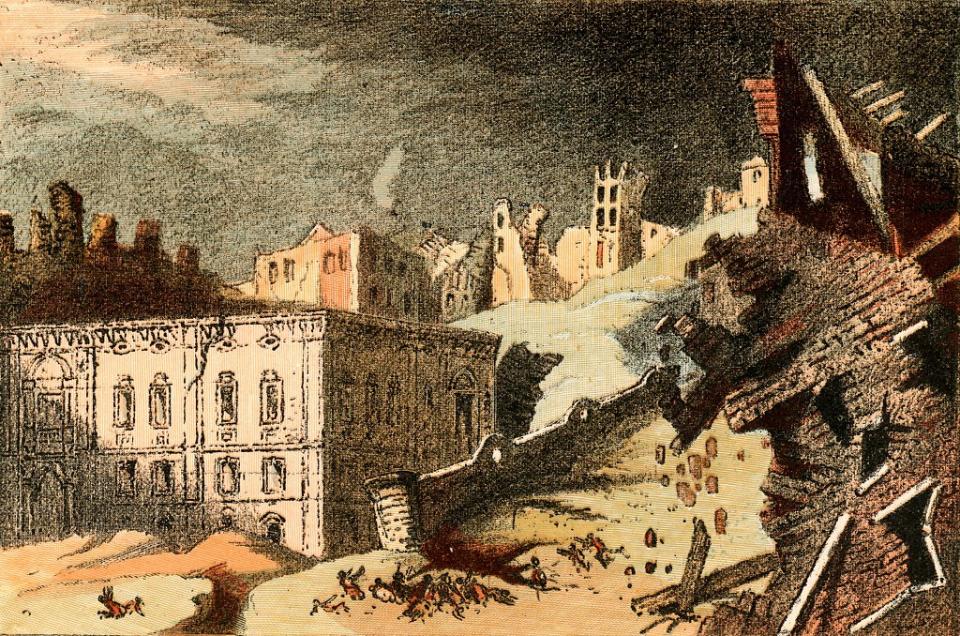 Escena del terremoto en ilustración de la época