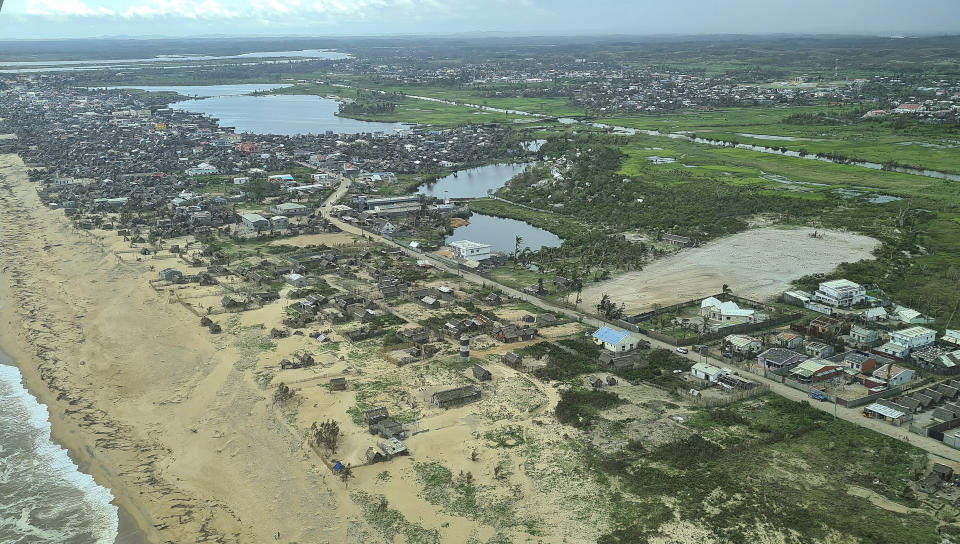 An aerial view of a section of Mananjary, Madagascar, Wednesday, March 8, 2023. Southeastern Madagascar has been battered by three intense cyclones in the space of a year and humanitarian groups say it is now facing a hunger emergency because of those climatic disasters. (AP Photo/Sarah Tetaud)