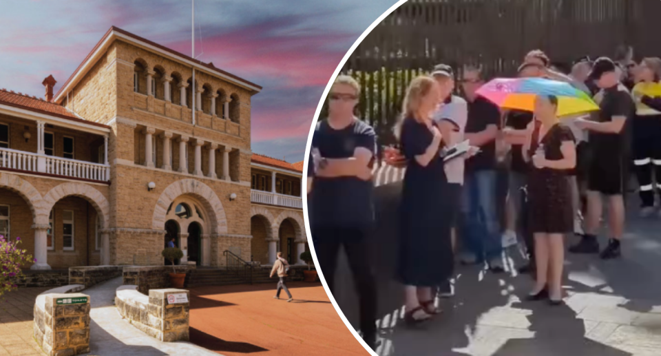 A shot of the Perth Mint from the outside with another shot showing people lining up outside 