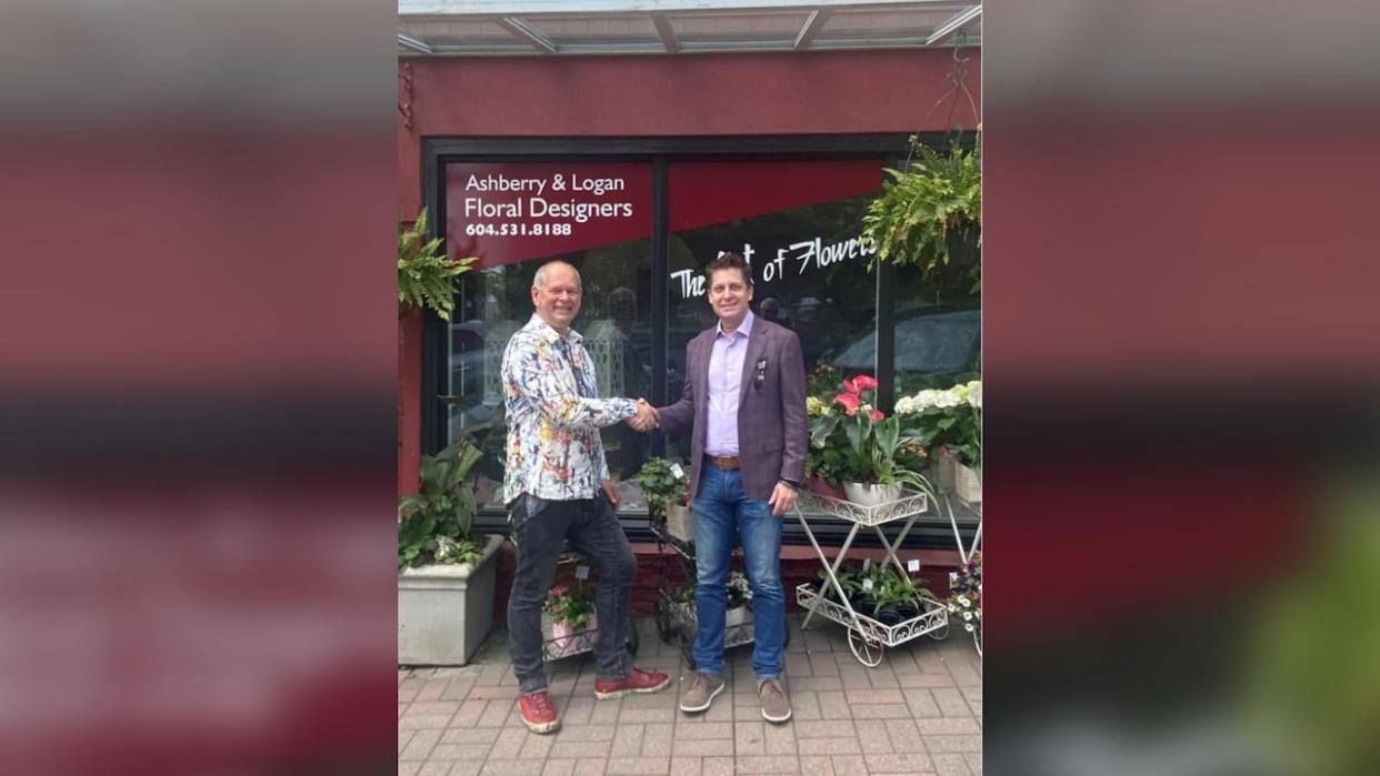 Ernie Klassen, president of the White Rock Pride Society (left) and James Borkowski Delegate for Operations of the Roman Catholic Archdiocese of Vancouver (right). (Roman Catholic Archdiocese of Vancouver - image credit)