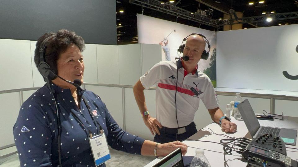 Nancy Lopez, left, talks on a radio show with Lt. Dan Rooney from Folds of Honor at the PGA Show in Orlando, Florida. (Contributed photo)