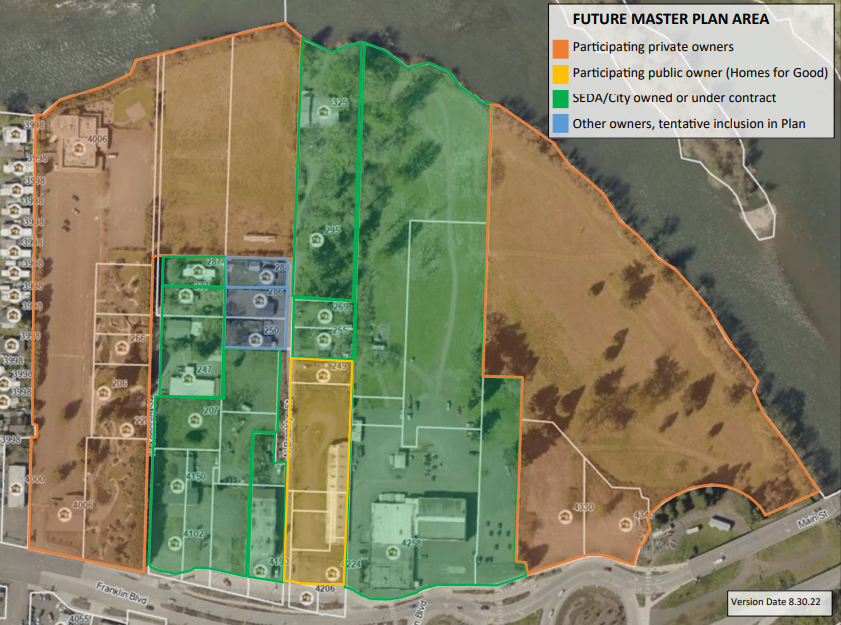 The highlighted parcels are a mix of privately and publicly owned land and are included in the master planning area for the Glenwood riverfront.