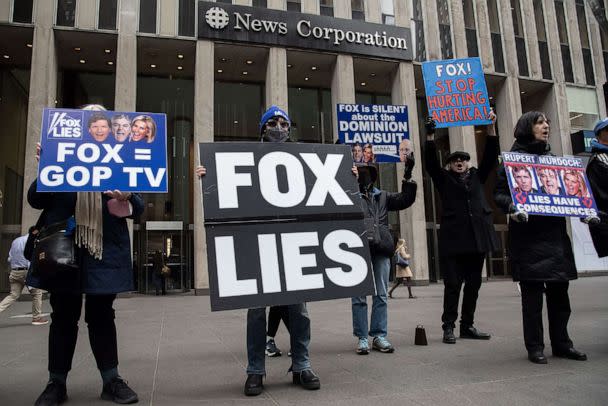 PHOTO: People protest outside of the Fox News headquarters in response to the Dominion lawsuit against Fox Corporation in New York City, Feb. 21, 2023. (Sarah Yenesel/EPA via Shutterstock)