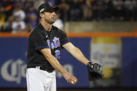 New York Mets starting pitcher Max Scherzer (21) reacts after giving up a solo home run to the San Diego Padres during the second inning of Game 1 of a National League wild-card baseball playoff series, Friday, Oct. 7, 2022, in New York. (AP Photo/John Minchillo)