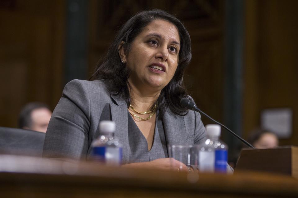 Neomi Rao, President Donald Trump's nominee to the U.S. Circuit Court for the District of Columbia Circuit, testifies during a Senate Judiciary Committee confirmation hearing on Capitol Hill on Feb. 5, 2019.