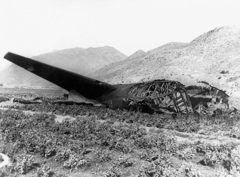 PHOTO: The burnt out wreckage of the B-52 bomber, Jan. 17, 1966, a US B-52 SAC long-range bomber and a tanker plane collided over the Spanish Mediterranean coast near Almeria during a refueling maneuver.  (Picture Alliance via Getty Image)