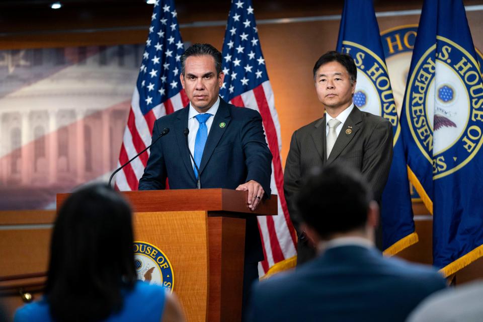 House Democratic Caucus Chairman Rep. Pete Aguilar (D-CA) and Vice Chair of the Democratic Caucus Rep. Ted Lieu (D-CA) answer questions during a press conference following their weekly caucus meeting at the U.S. Capitol on July 9, 2024 in Washington, DC.
