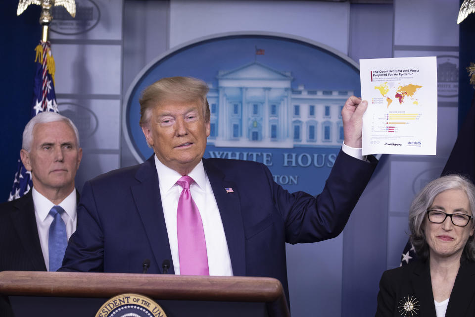 Then-President Trump holds up a sheet of paper with graphics at a news conference with members of the coronavirus task force, including Vice President Mike Pence in 2020.