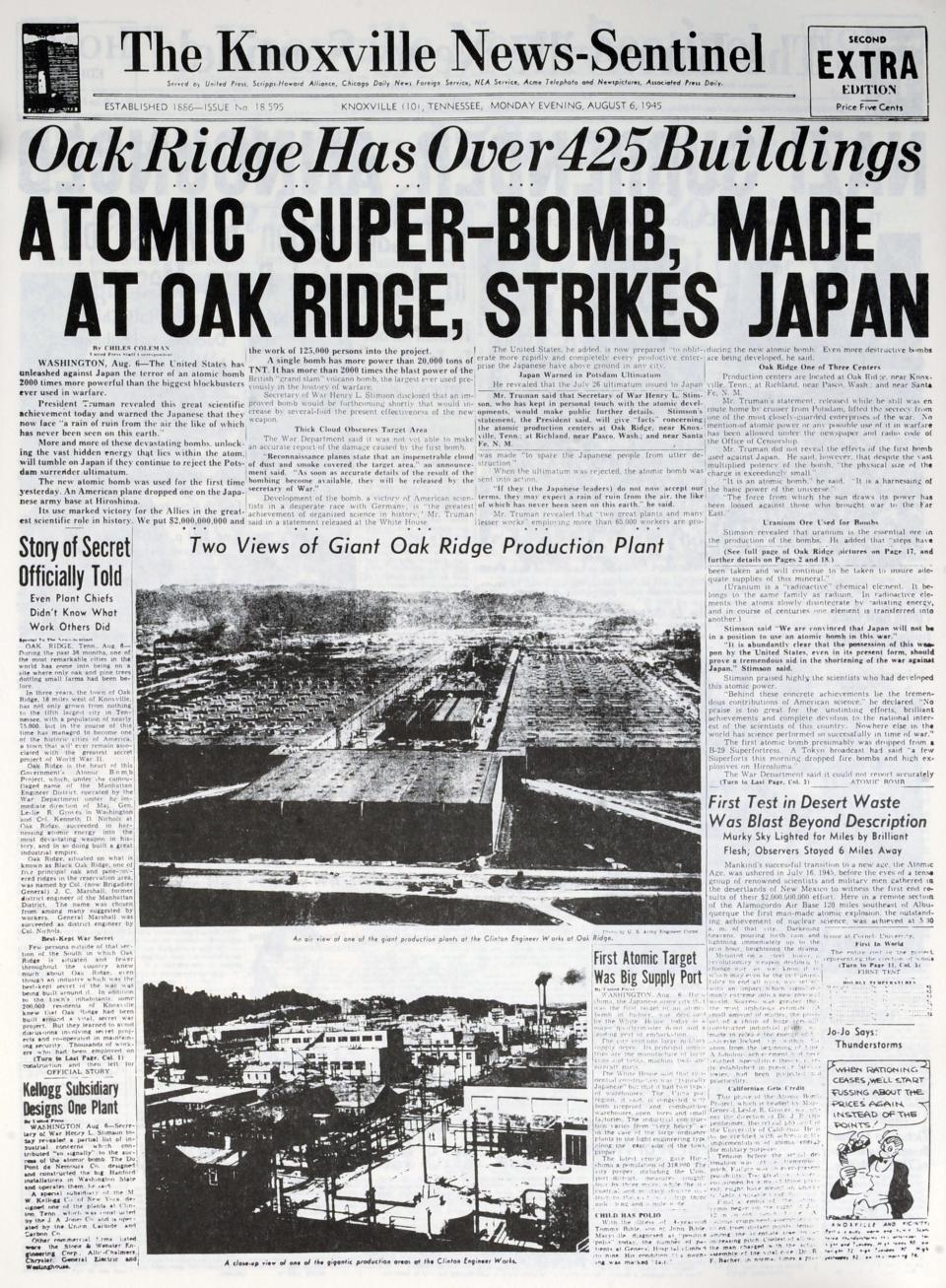 The Aug. 6, 1945 edition of the Knoxville News Sentinel reports the dropping of the first atomic bomb. (KNS Archive)