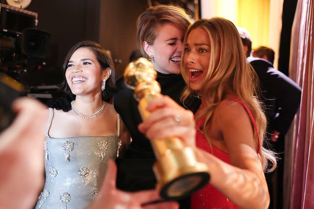 <p>Christopher Polk/Golden Globes 2024/Golden Globes 2024 via Getty</p> America Ferrera, Greta Gerwig and Margot Robbie