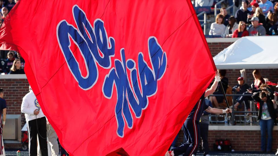 Mandatory Credit: Photo by Rogelio V Solis/AP/Shutterstock (10470534o)The Mississippi banner is unfurled following a touchdown against New Mexico State during the first half of an NCAA college football game in Oxford, MissNew Mexico St Mississippi Football, Oxford, USA - 09 Nov 2019.