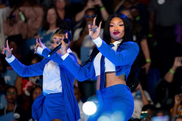 Megan Thee Stallion performs prior to Vice President Kamala Harris speaking to supporters in Atlanta on July 30, 2024. - Credit: Ben Hendren/Sipa USA/AP