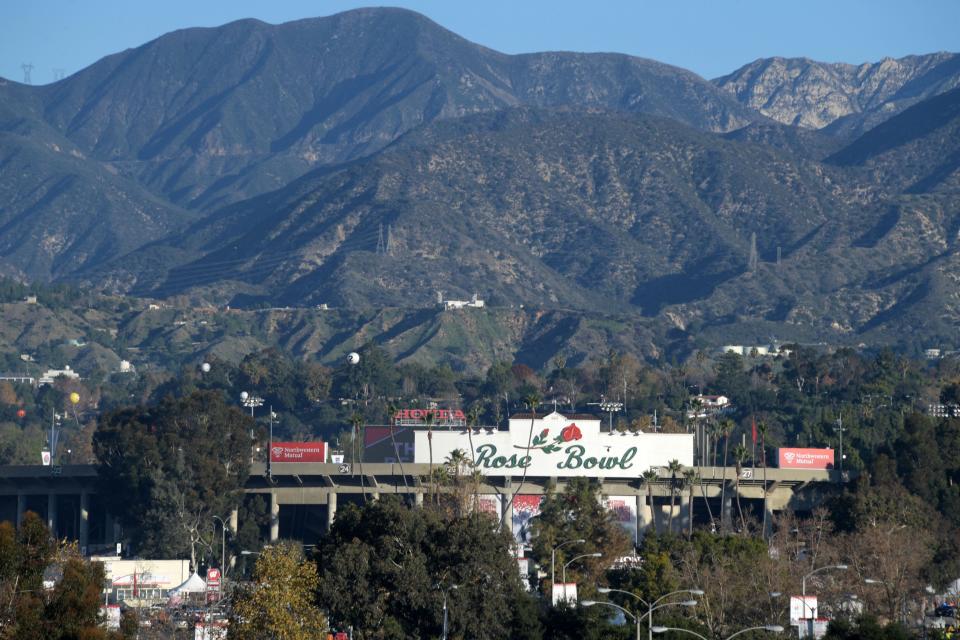 A general overall view of Rose Bowl Stadium and the San Gabriel Mountains before the 106th Rose Bowl between Oregon and Wisconsin.