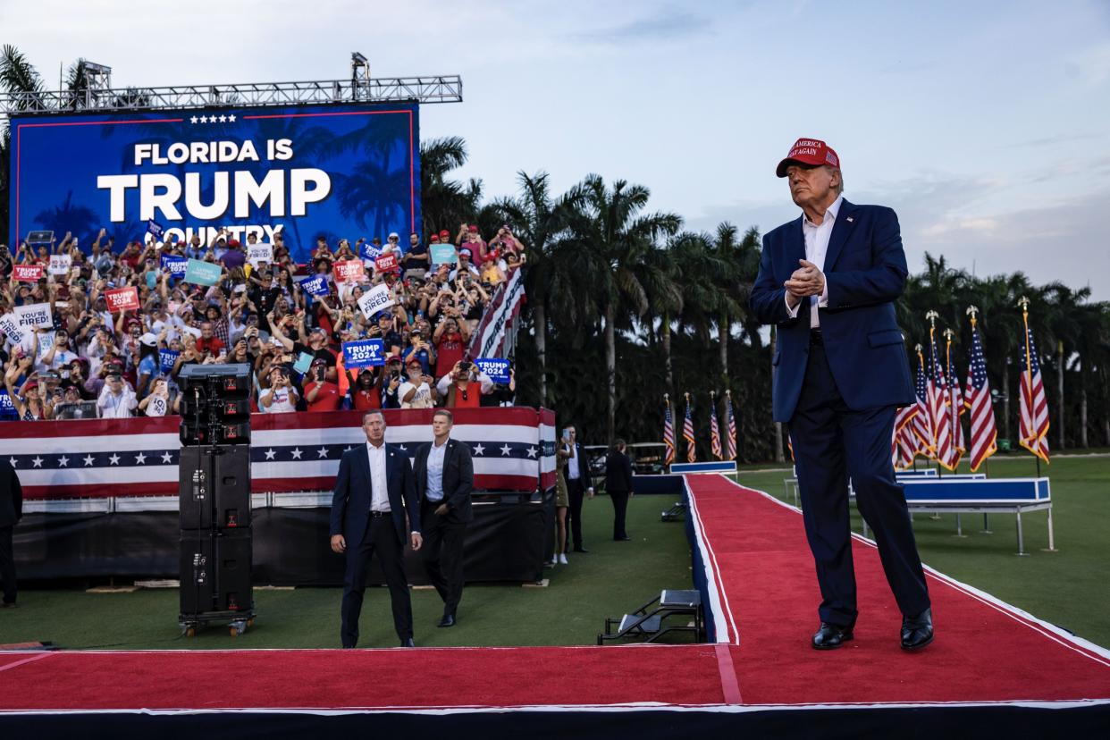 El expresidente Donald Trump durante un mitin de campaña en el Trump National Doral Golf Club en Doral, Florida, el martes 9 de julio de 2024. (Scott McIntyre/The New York Times).