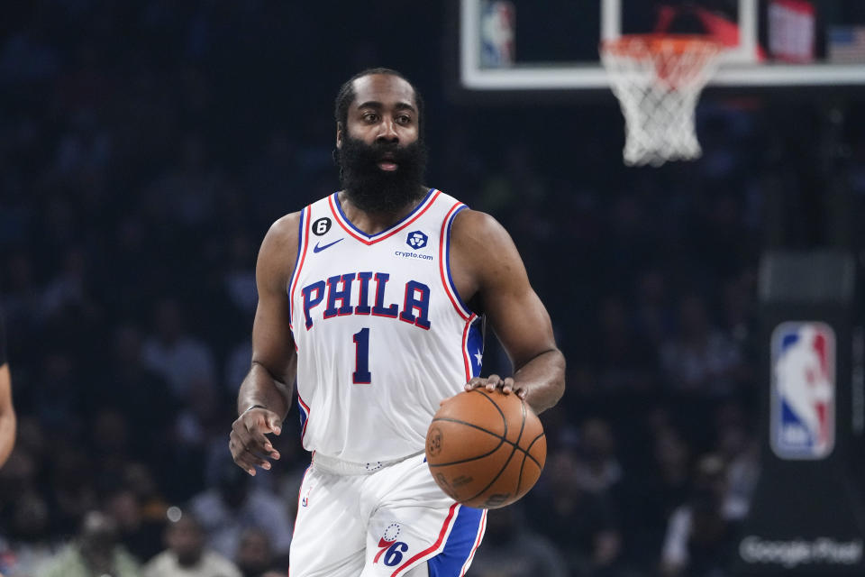 Philadelphia 76ers'  James Harden (1) looks to pass during the first half of Game 4 in an NBA basketball first-round playoff series against the Brooklyn Nets Saturday, April 22, 2023, in New York.  (AP Photo/Frank Franklin II)