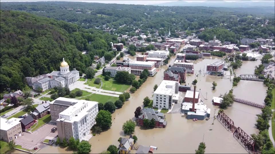 This image made from drone footage provided by the Vermont Agency of Agriculture, Food and Markets shows flooding in Montpelier, Vt., Tuesday, July 11, 2023. (AP)