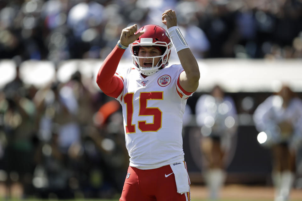 Kansas City Chiefs quarterback Patrick Mahomes (15) yells before a play during the first half of an NFL football game against the Oakland Raiders Sunday, Sept. 15, 2019, in Oakland, Calif. (AP Photo/Ben Margot)
