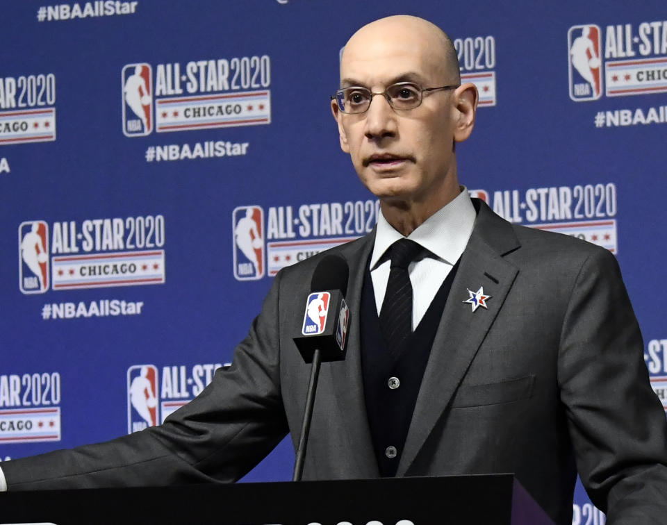 FILE - In this Feb. 15, 2020, file photo, NBA Commissioner Adam Silver speaks at a news conference in Chicago. With the pandemic still a major issue and concern, Silver believes the league has done all it can to prepare for the new season, which starts Tuesday, Oct. 19, 2021. (AP Photo/David Banks, File)