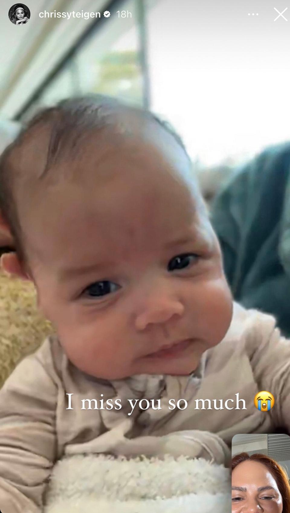 Chrissy Teigen Face timing baby Este for the first time while she's away