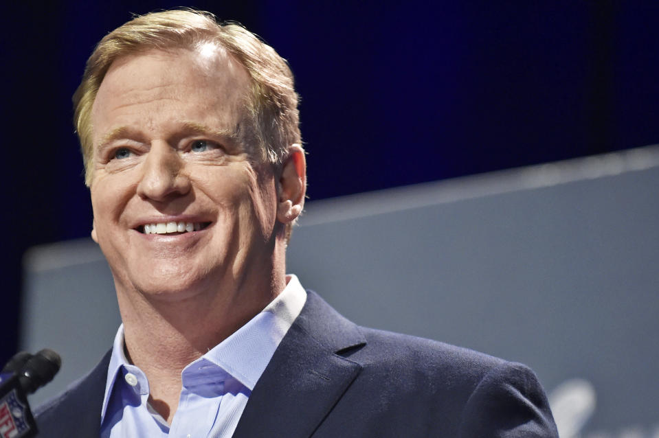 ATLANTA, GA - JANUARY 30: NFL Commissioner Roger Goodell speaks to the media over various topics in the league leading up to Super Bowl LIII at the Georgia World Congress Center on January 30, 2019, in Atlanta, GA. (Photo by Austin McAfee/Icon Sportswire via Getty Images)