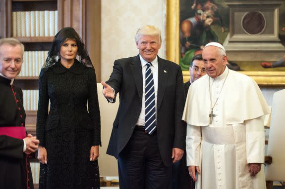 Mandatory Credit: Photo by Vatican Pool/AGF/REX/Shutterstock (8839851t) First Lady Melania Trump, US President Donald Trump with Pope Francis during the private audience Donald Trump visit to the Vatican, Rome, Italy - 24 May 2017