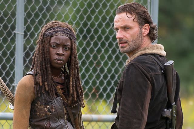 <p>Gene Page/AMC</p> Danai Gurira as Michonne and Andrew Lincoln as Rick Grimes on 'The Walking Dead'