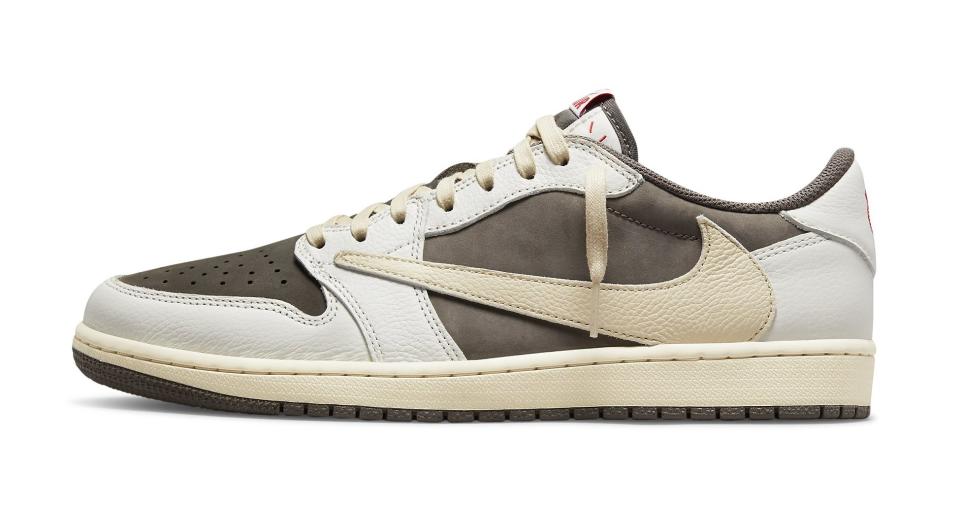 The lateral side of the Travis Scott x Air Jordan 1 Low “Sail and Ridgerock” collab. - Credit: Courtesy of Nike