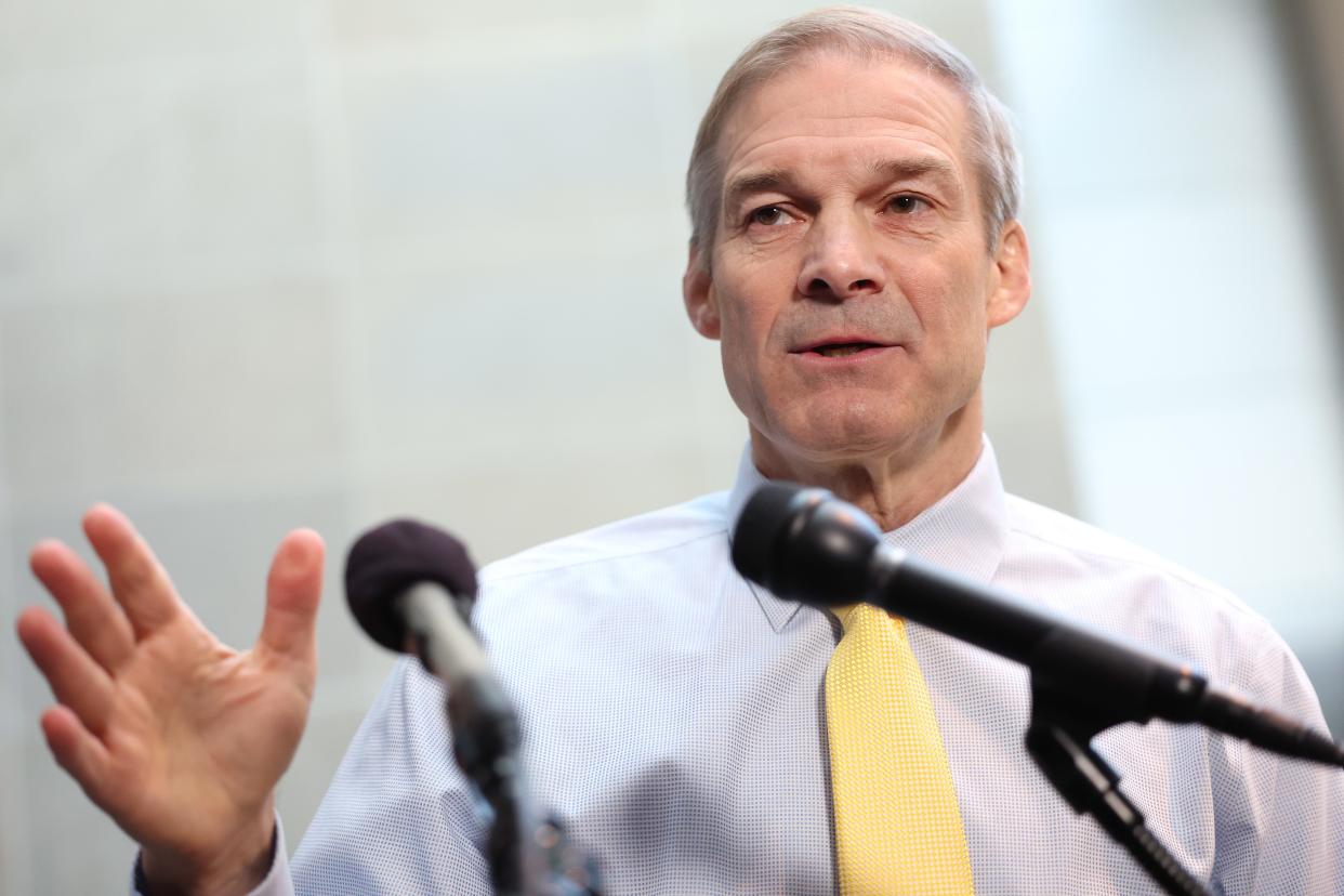 U.S. Rep. Jim Jordan, R-Ohio, Chairman of the House Judiciary Committee, speaks to members of the media as he arrives for closed door deposition with James Biden, a consultant and brother of U.S. President Joe Biden, and the House Oversight Committee, at the Thomas P. O'Neill Jr. Federal Building on February 21, 2024 in Washington, DC.