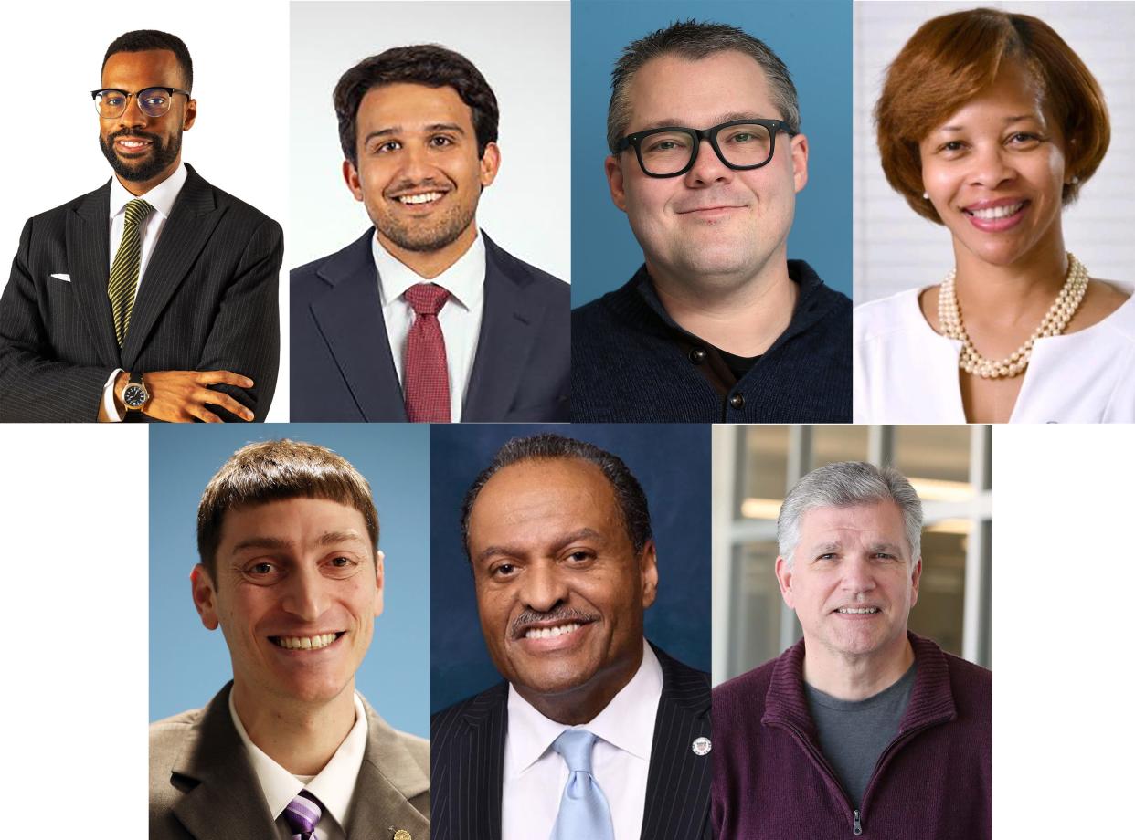 The 2023 candidates for Akron mayor. From top left, Mark Greer, Shammas Malik, Keith Mills, Tara Mosley, Joshua Schaffer, Marco Sommerville and Jeff Wilhite