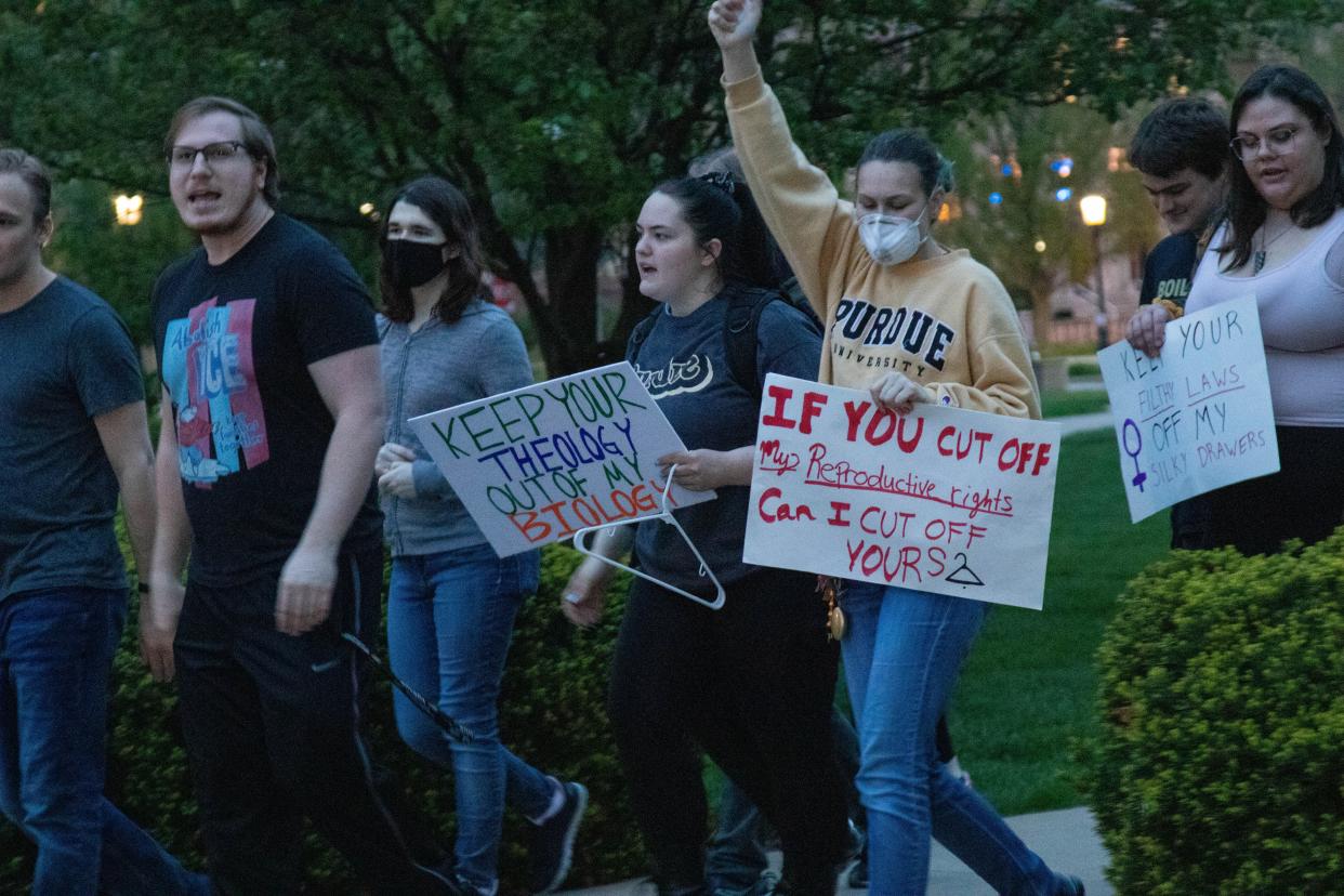 Purdue students march against the possible overturning of Roe v. Wade, the landmark Supreme Court decision legalizing abortion. The  student-organized "Protect Roe v. Wade" protest at Purdue University, on May 4, 2022, in West Lafayette, Ind., came days after a draft opinion was leaked to Politico.