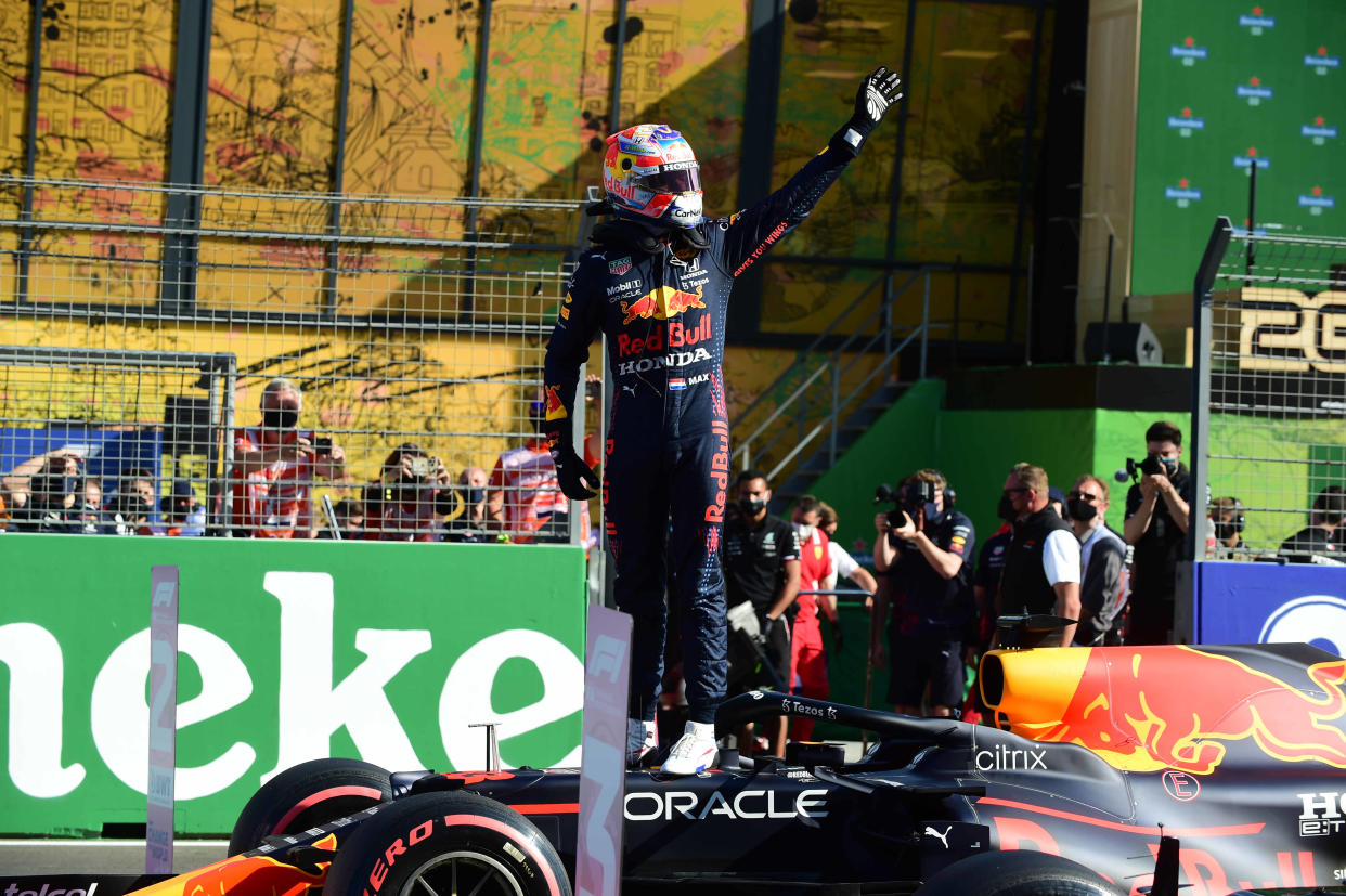 Max Verstappen of Red Bull Racing Honda say hello to the fans after qualifying of Dutch Grand Prix, 13th round of Formula 1 World Championship in CM.com Circuit Zandvoort, North Holland, Netherlands, 4 September 2021 (Photo by Andrea Diodato/NurPhoto via Getty Images)