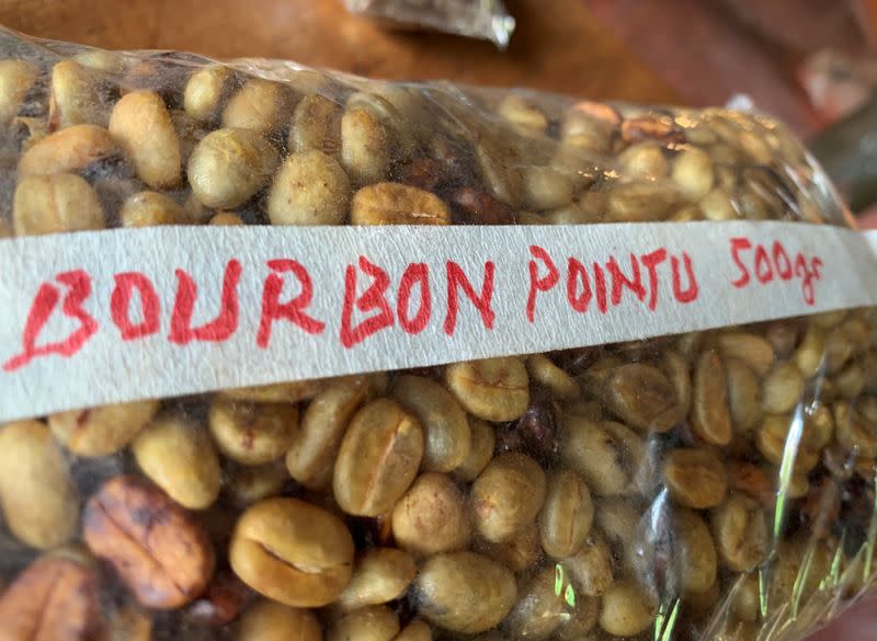 A pack of Bourbon pointu coffee variety is seen at the Kafen Drazana packaging plant in Ampefy town of Itasy region