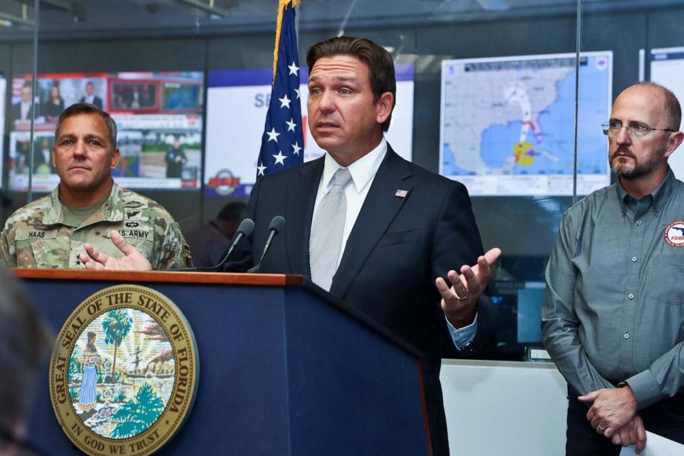 PHOTO: Florida Gov. Ron DeSantis speaks during a press briefing at the Emergency Operations Center, Sept. 26, 2024, in Tallahassee, Fla. (Phil Sears/Reuters)