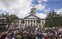 <p>Protesters rally against gun violence on the steps of the old Florida Capitol in Tallahassee, Fla., Wednesday, Feb 21, 2018. (Photo: Mark Wallheiser/AP) </p>