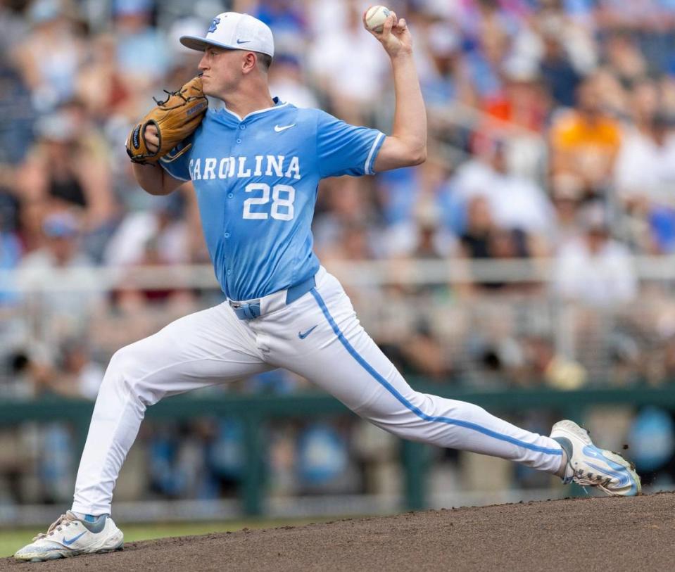 North Carolina starting pitcher Shea Sprauge (28) works from the mound in the in the first inning against Tennessee during the College World Series on Sunday, June 16, 2024 at Charles Swab Field in Omaha, Nebraska.