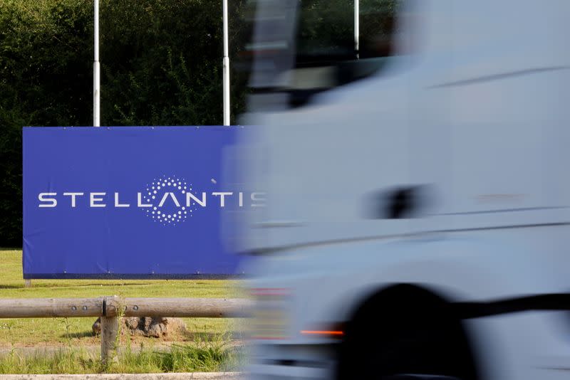 FILE PHOTO: The logo of Stellantis at the entrance of the company's factory in Hordain