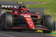 Ferrari driver Carlos Sainz of Spain steers his car during the Australian Formula One Grand Prix at Albert Park, in Melbourne, Australia, Sunday, March 24, 2024. (AP Photo/Asanka Brendon Ratnayake)